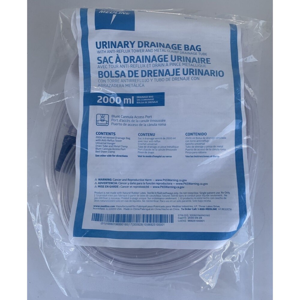 Medline Urinary Drainage Bag 2000ml Disposable Clear Plastic Anti-Reflux Tower